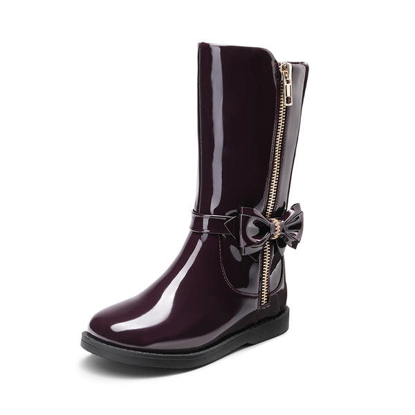 Bowknot Side Zipper Kids Riding Boots - RED WINE PAT -  0
